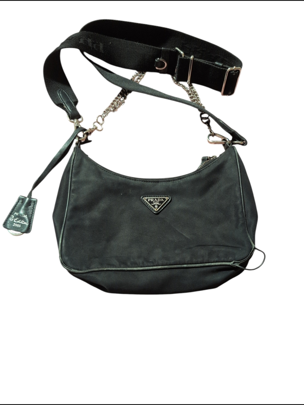 Prada Black Nylon Shoulder Bag with Chain and Adjustable Strap